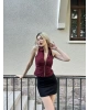 Bordo Polo Yaka Fermuar Detay Bluz
