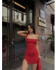 Kırmızı Yırtmaçlı Sırt Detay Mini Elbise