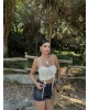 Sarı Büzgülü Dantel Detay Crop