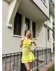 Sarı Göğüs Bağcıklı Mini Elbise