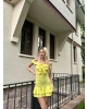 Sarı Göğüs Bağcıklı Mini Elbise