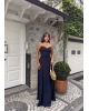 Lacivert Puantiyeli Askılı Uzun Elbise