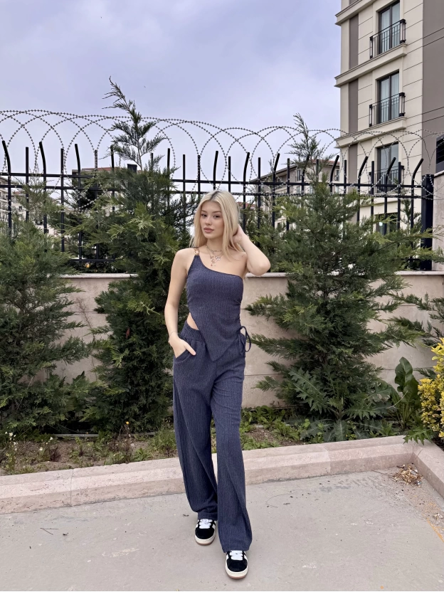 Lacivert Tek Omuz Asimetrik Takım