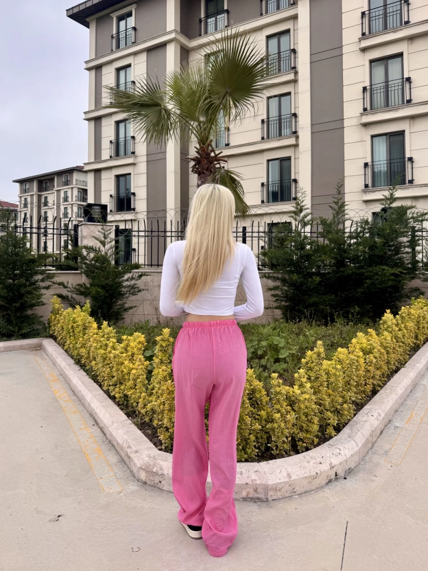 Pembe Beli Lastikli Salaş Pantolon