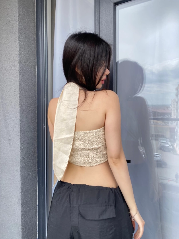 Bej Keten Bağlamalı Crop