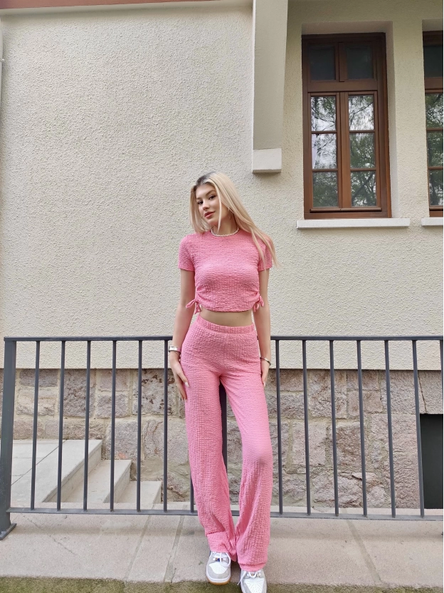 Pembe Büzgü Detay Bürümcük Alt Üst Takım