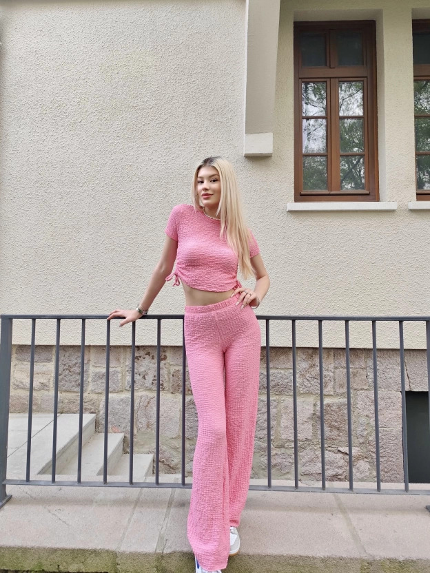 Pembe Büzgü Detay Bürümcük Alt Üst Takım