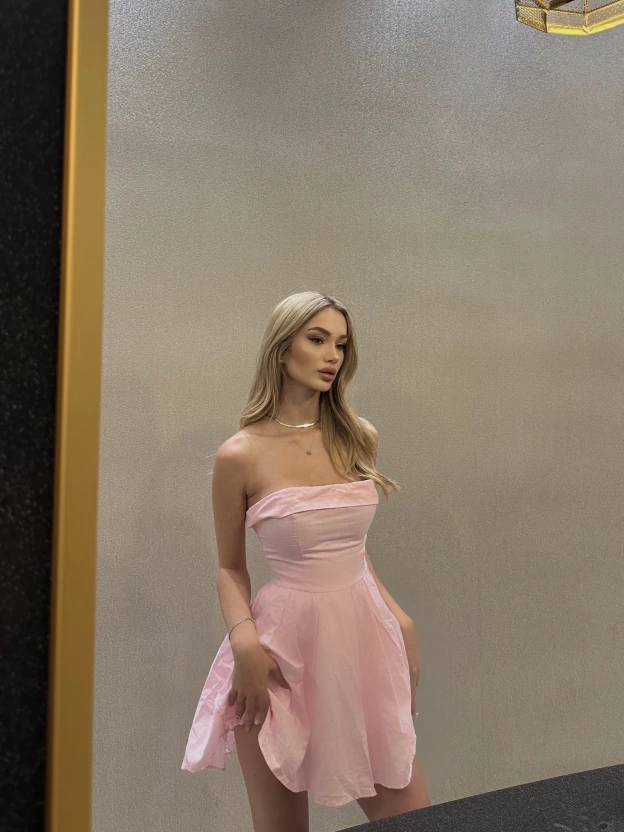Pembe Keten Straplez Elbise