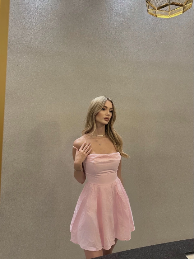 Pembe Keten Straplez Elbise