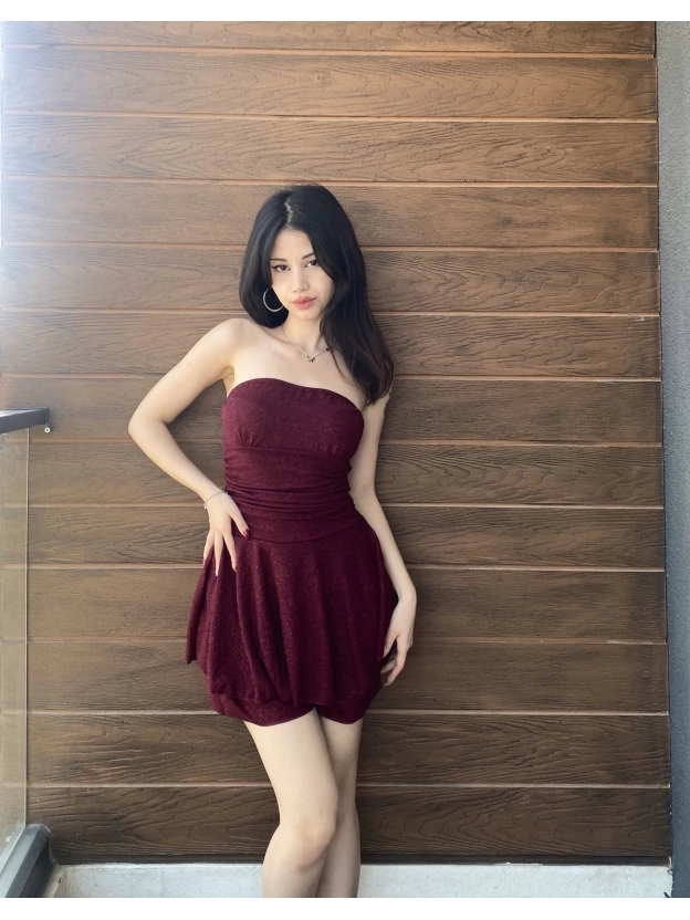 Bordo Simli Straplez Şortlu Elbise