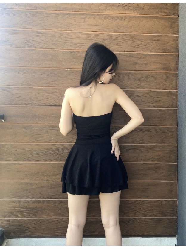 Siyah Simli Straplez Şortlu Elbise