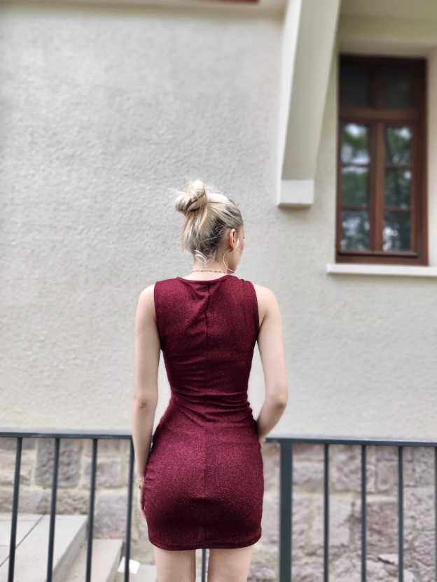 Bordo Toka Detay Kısa Simli Elbise