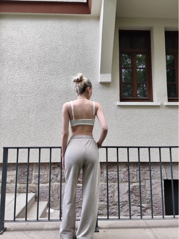 Kahve Çizgili Beli Lastikli Pantolon