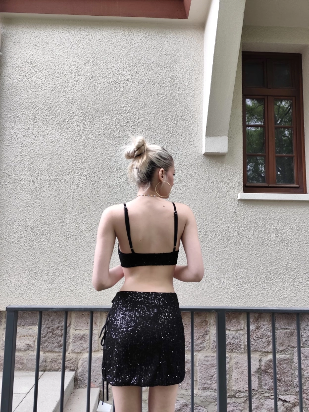 Siyah Payetli Crop Etek Takım