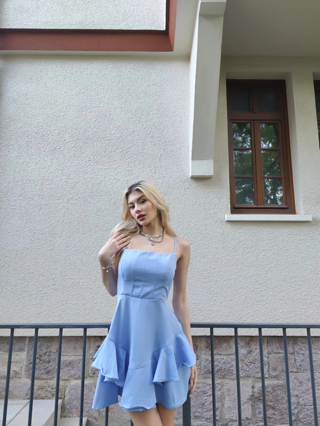 Mavi Askılı Prenses Elbise