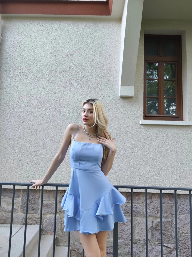 Mavi Askılı Prenses Elbise
