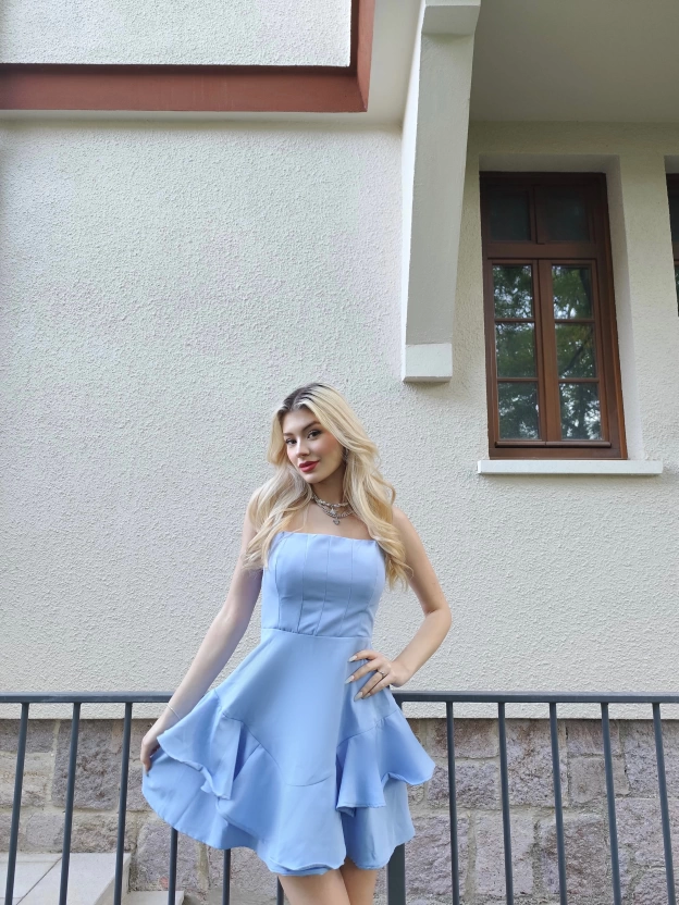 Mavi Askılı Prenses Elbise