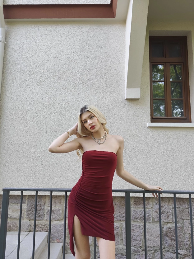 Bordo Straplez Tasarım Elbise