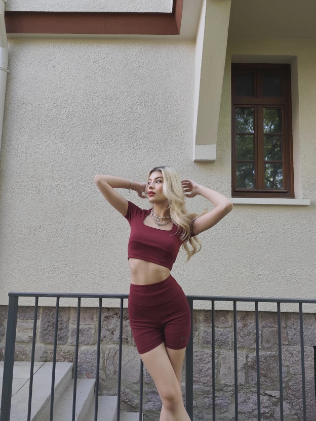 Bordo Kısa Kollu Tayt Takım