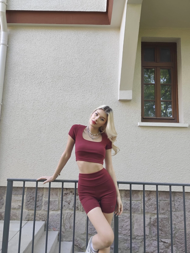 Bordo Kısa Kollu Tayt Takım