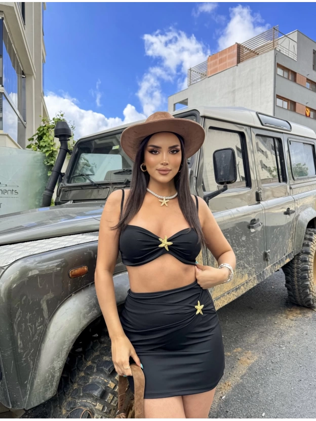 Siyah Deniz Yıldızlı Crop Etek Takım