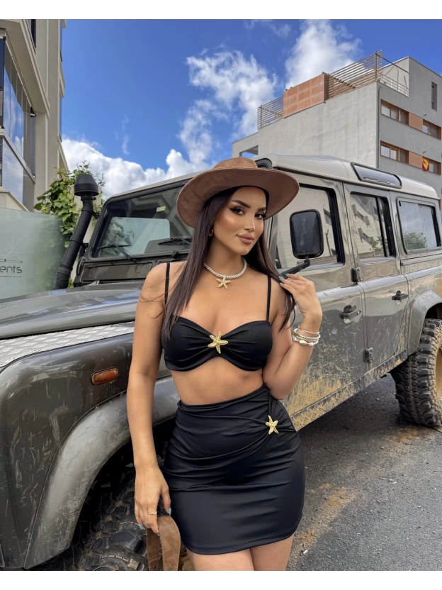 Siyah Deniz Yıldızlı Crop Etek Takım