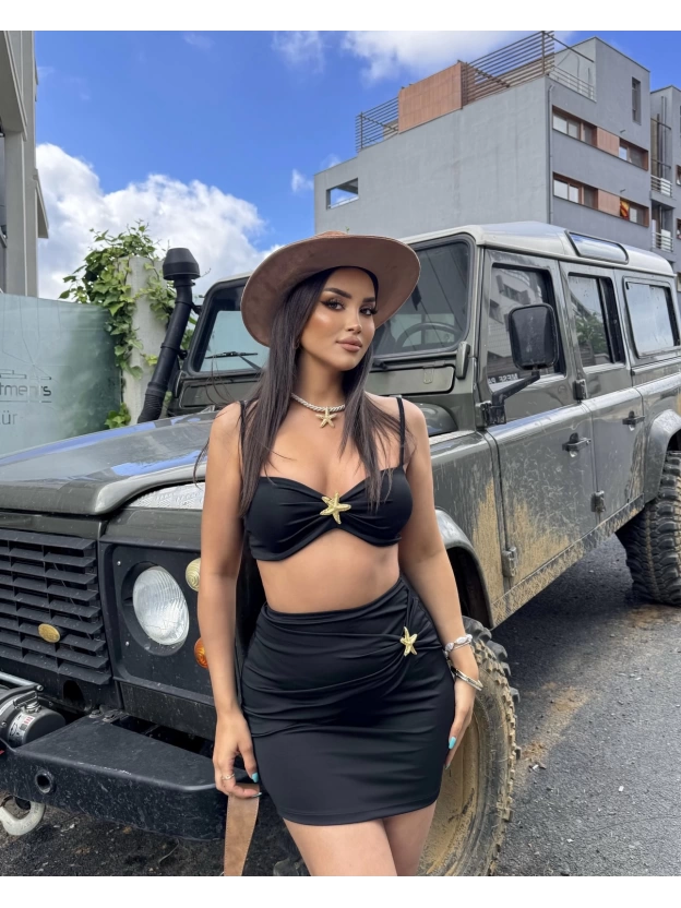 Siyah Deniz Yıldızlı Crop Etek Takım