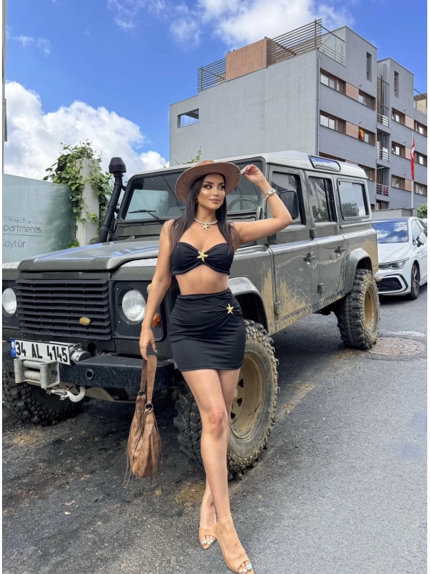 Siyah Deniz Yıldızlı Crop Etek Takım