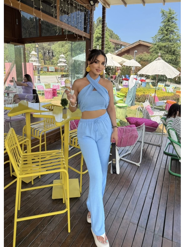 Mavi Keten Bağlamalı İkili Takım