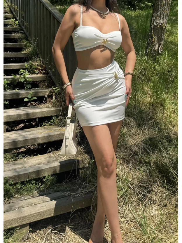 Beyaz Deniz Yıldızı Crop Etek Takım