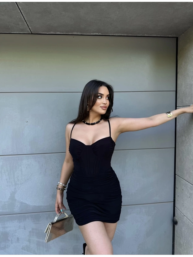 Siyah Askılı Korse Detay Elbise