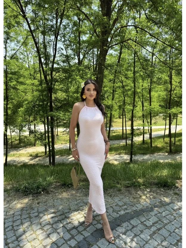 Pembe Boyundan Bağlamalı Bürümcük Uzun Elbise