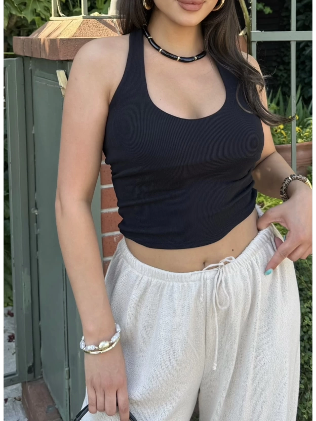 Siyah Boyundan Geçirmeli Fitilli Crop