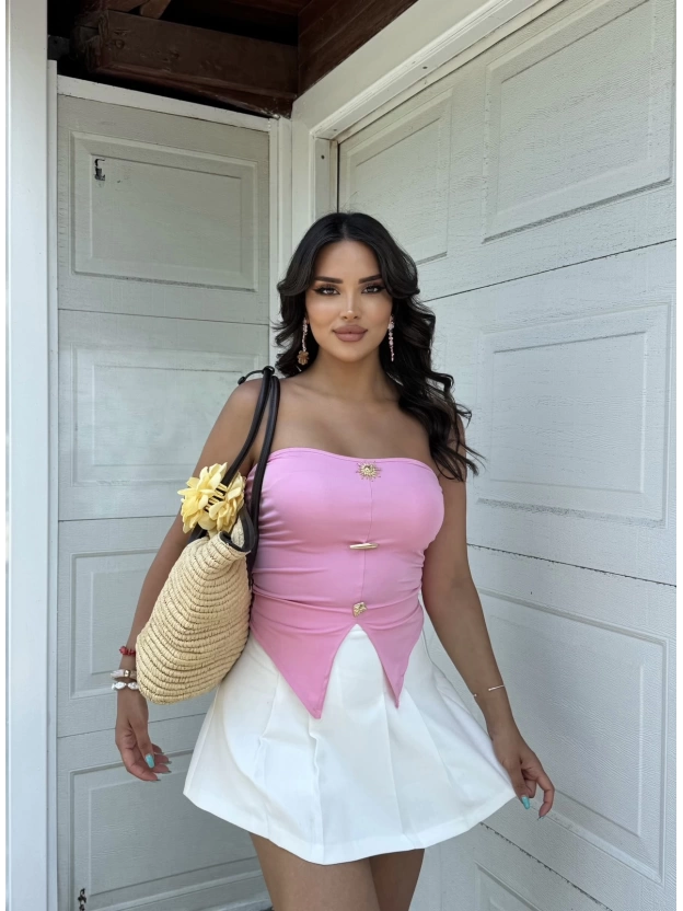 Pembe Sun Aksesuarlı Straplez Crop