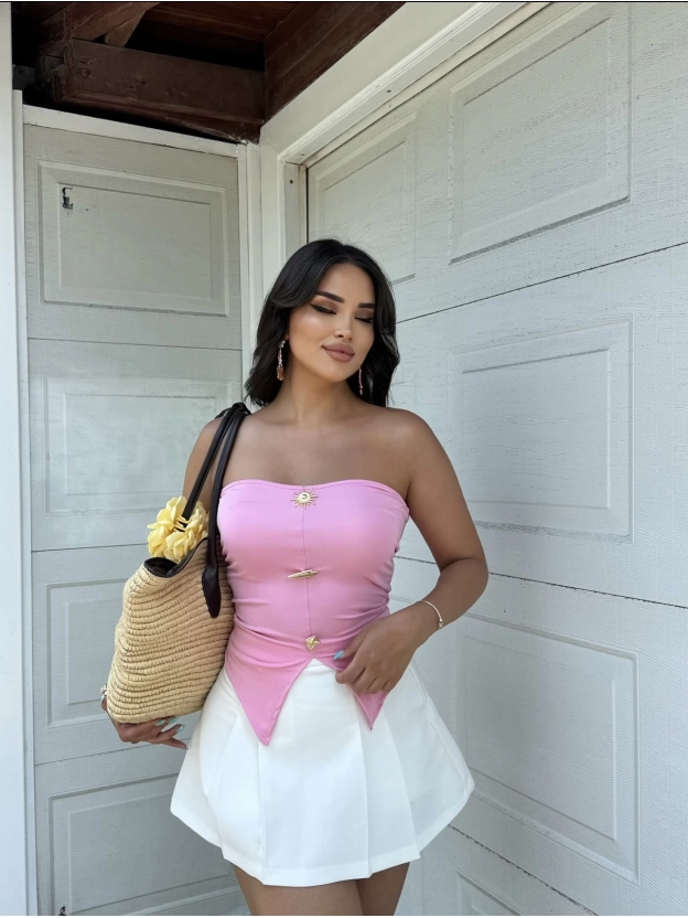 Pembe Sun Aksesuarlı Straplez Crop