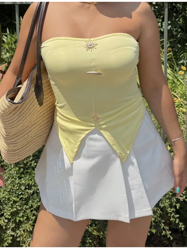 Sarı Sun Aksesuarlı Straplez Crop