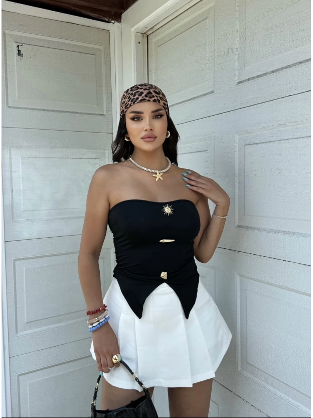 Siyah Sun Aksesuarlı Straplez Crop