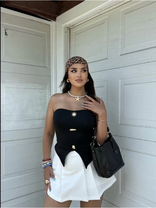 Siyah Sun Aksesuarlı Straplez Crop