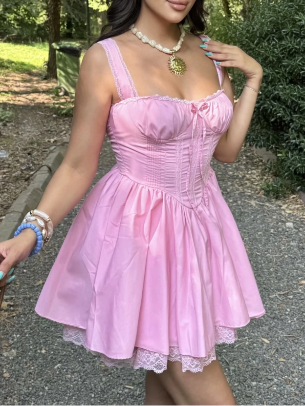 Pembe Dantel Detay Askılı Prenses Elbise