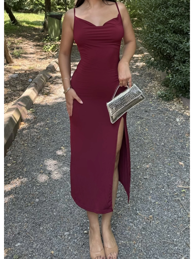 Bordo Degaje Yaka Uzun Elbise