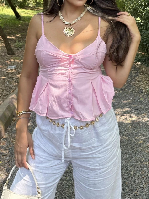 Pembe Askılı Düğme Detay Basic Bluz