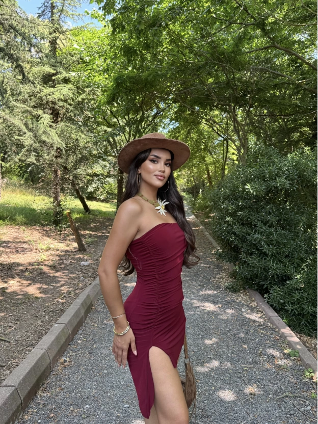 Bordo Straplez Tasarım Elbise