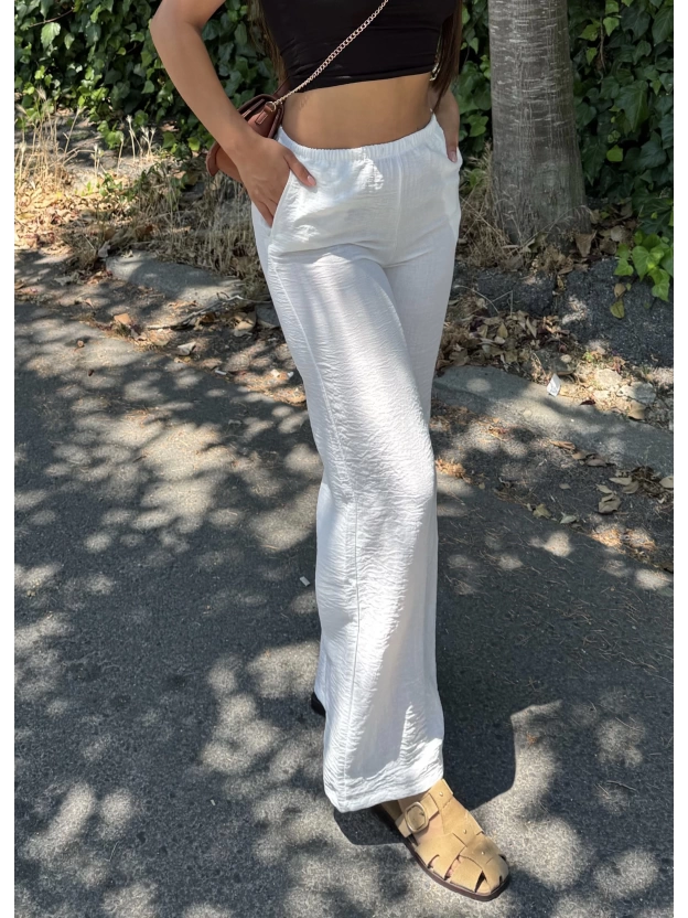 Beyaz Beli Lastikli Keten Pantolon