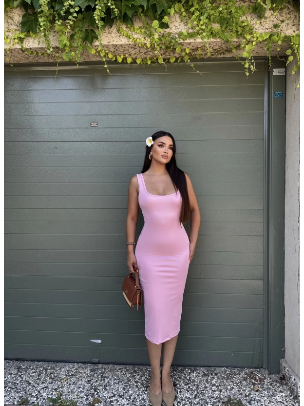 Pembe Kare Yaka Uzun Basic Elbise