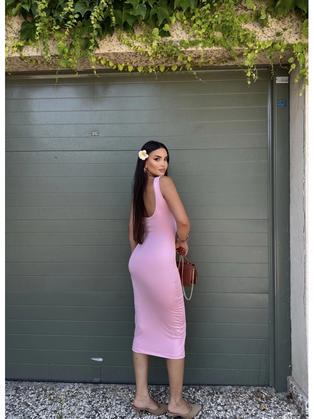Pembe Kare Yaka Uzun Basic Elbise