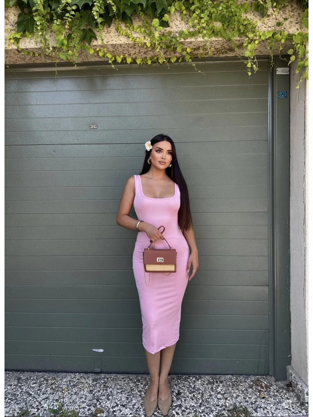 Pembe Kare Yaka Uzun Basic Elbise