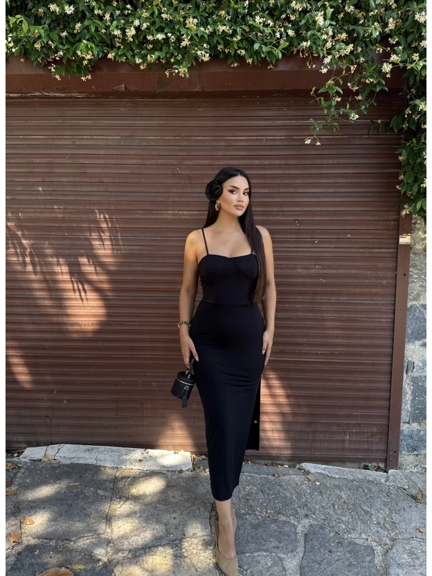 Siyah Cuplu Uzun Elbise