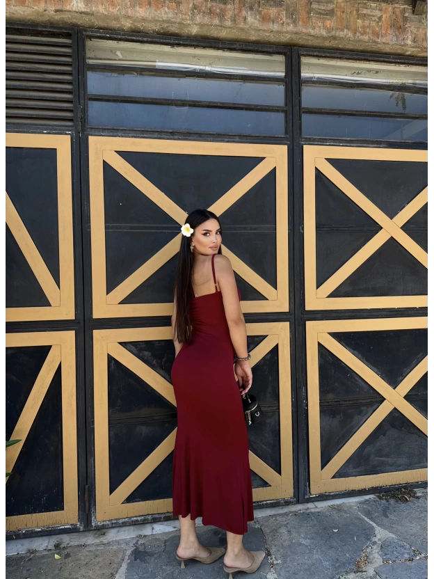 Bordo Askılı Çan Elbise
