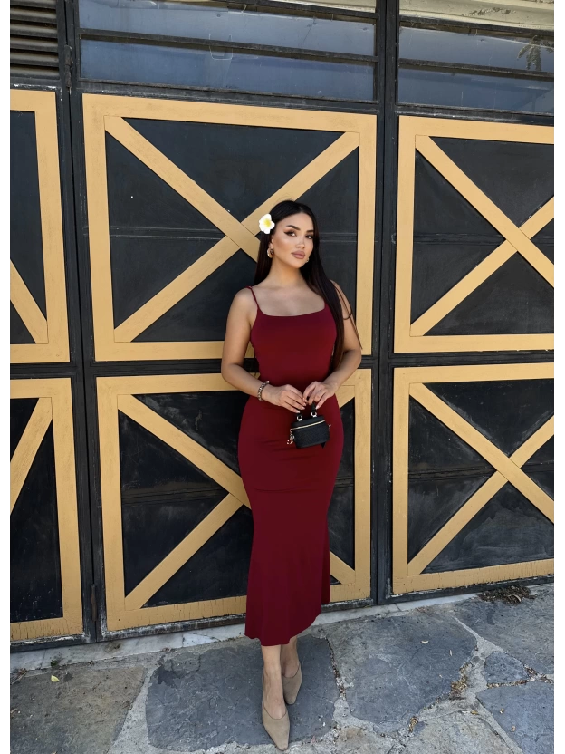 Bordo Askılı Çan Elbise