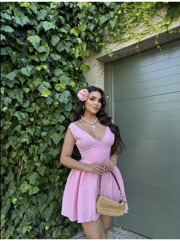 Pembe Dantel Detay Cepli Elbise